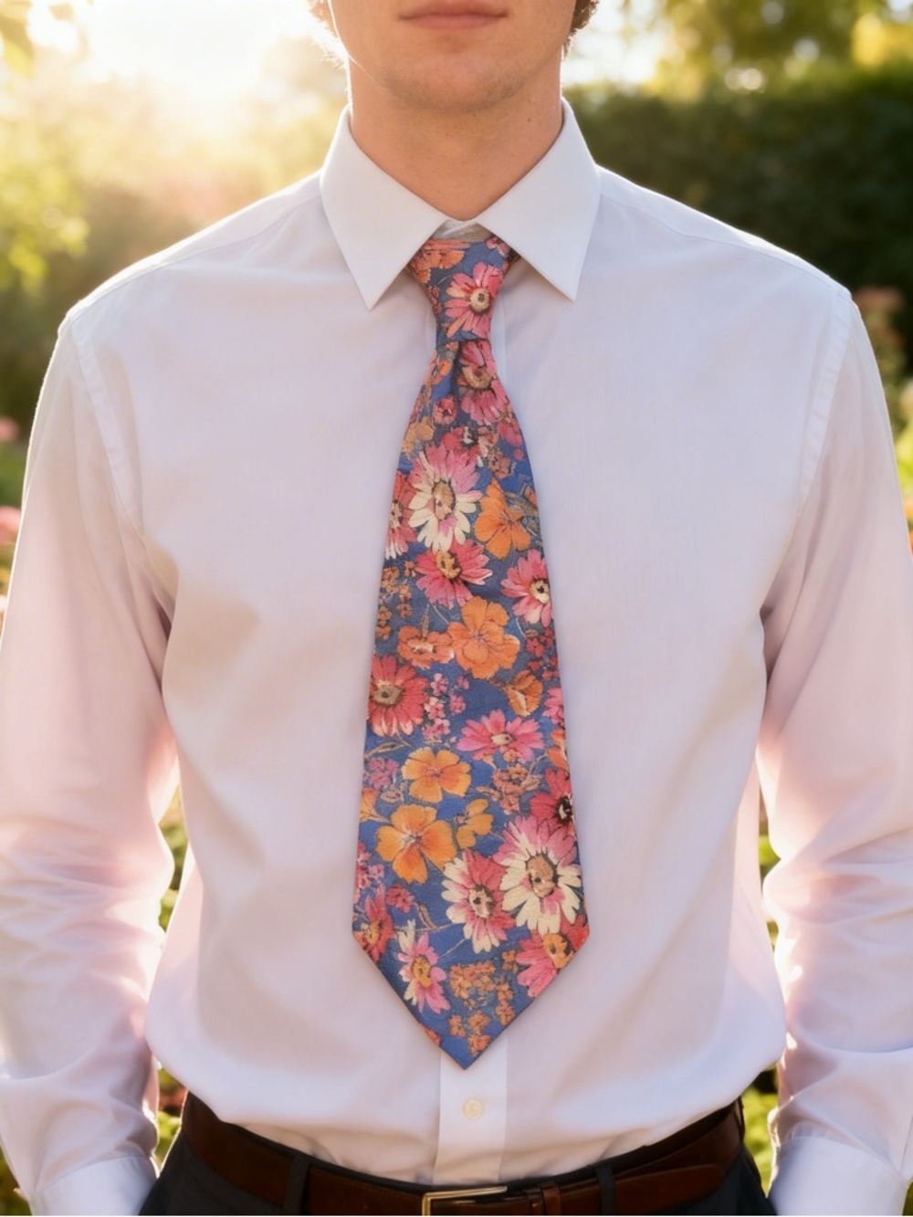 Wide Blue Floral Men's Tie with Pink and Orange Blooms